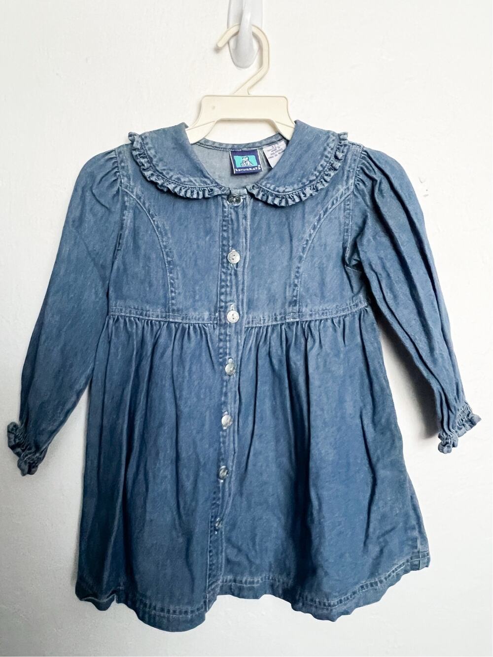 VTG Sprockets Dress Girls 3T Denim Blue Peter Pan Ruffle Collar Button 90s